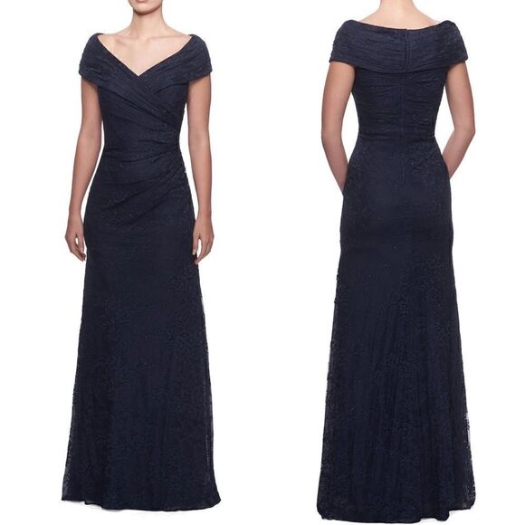 La Femme Off-the-Shoulder Ruched Lace Gown NWOT - Picture 1 of 15